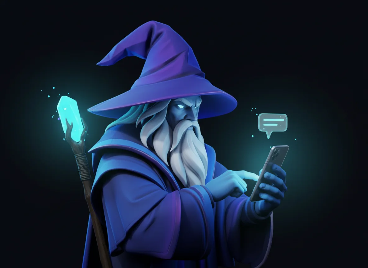 Ryze typing a text on a phone, his staff planted beside him.